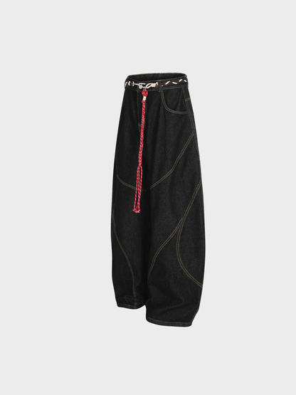 Barrel-Wave Patchwork Denim with Braided Belt