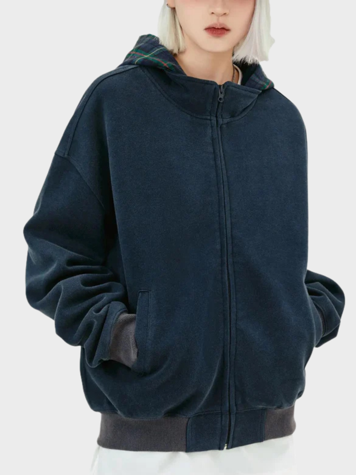 Vintage Plaid-Lined Zip Hoodie