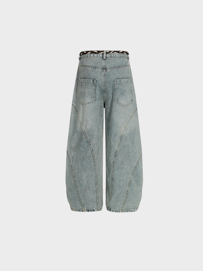 Barrel-Wave Patchwork Denim with Braided Belt