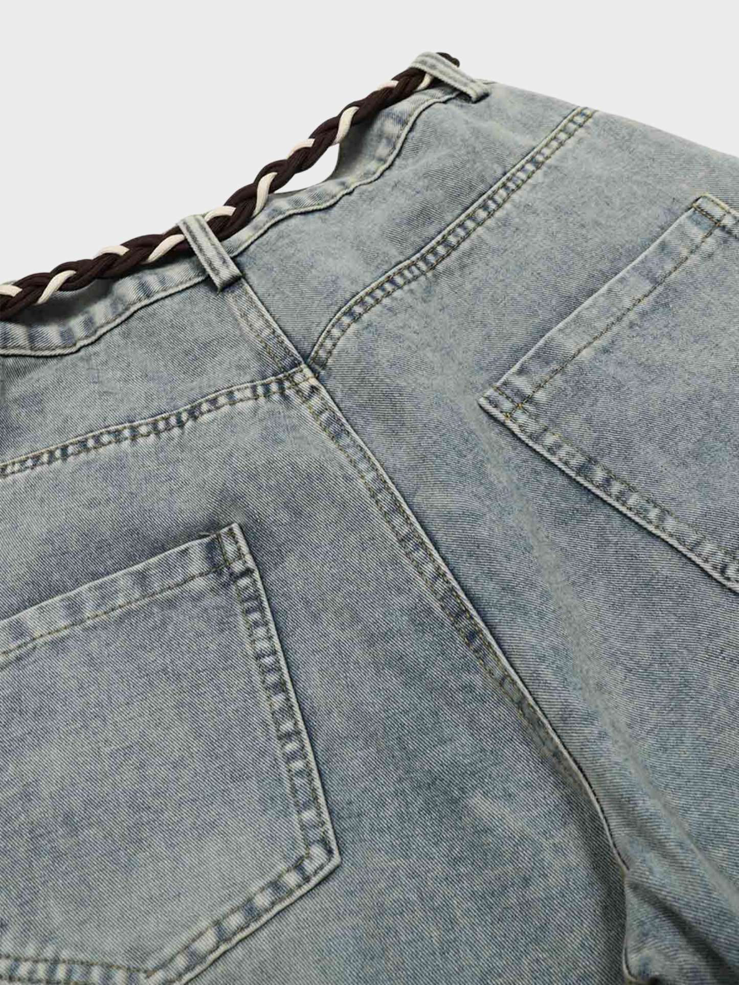 Barrel-Wave Patchwork Denim with Braided Belt