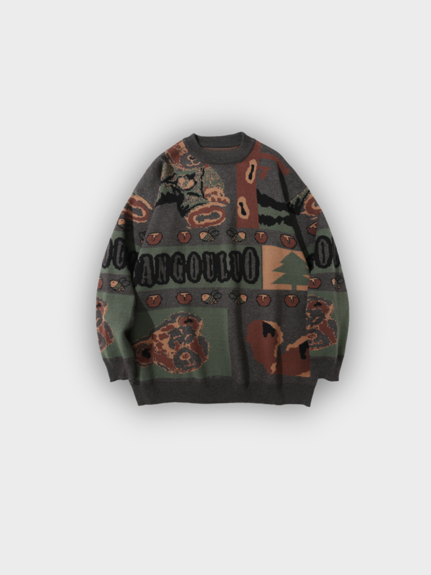 Amalfi Woodland Bear Knit Sweater in Dark Woodland Green – Oversized Jacquard Knitwear