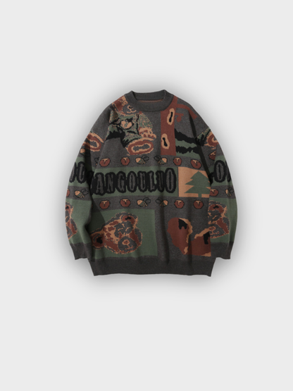 Amalfi Woodland Bear Knit Sweater in Dark Woodland Green – Oversized Jacquard Knitwear